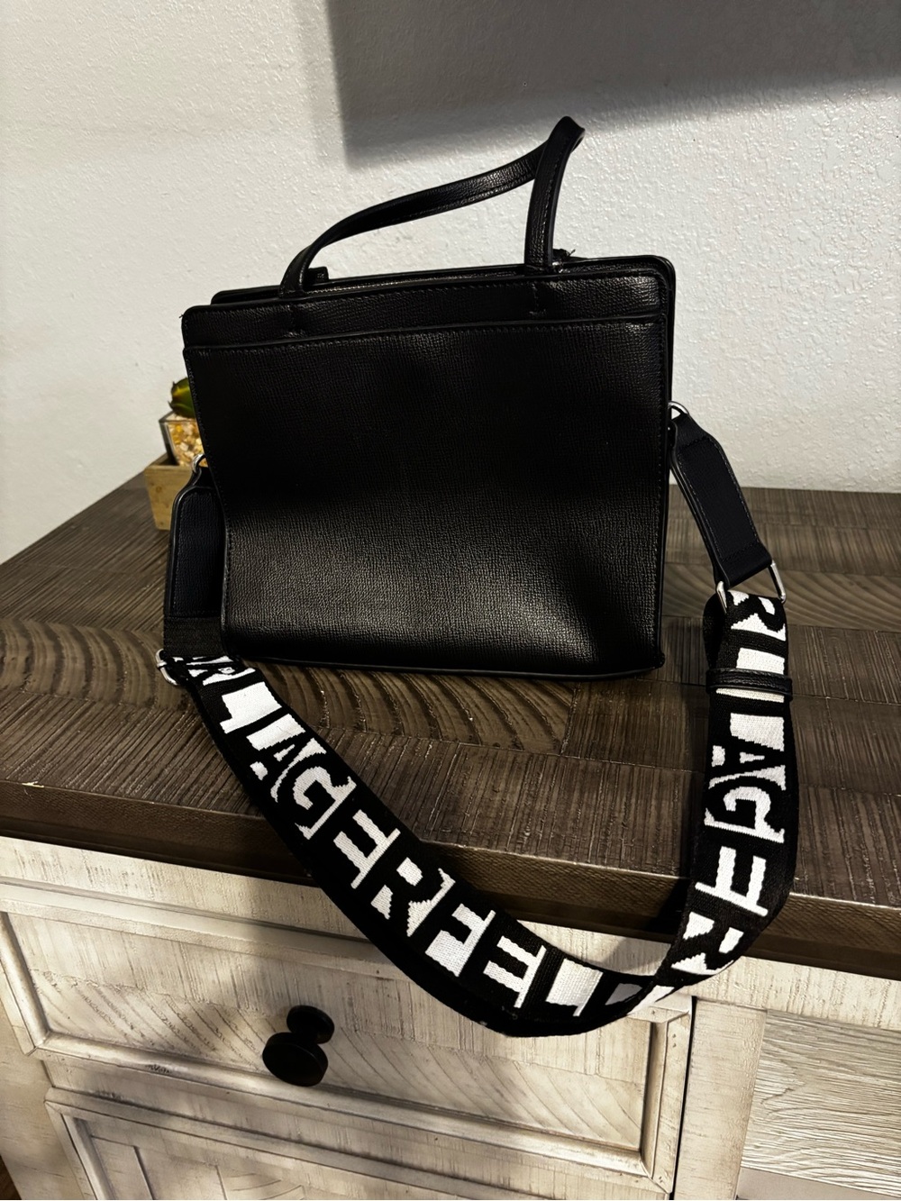 Karl Lagerfeld Black Leather Top-Handle Shoulder Bag with Logo Strap